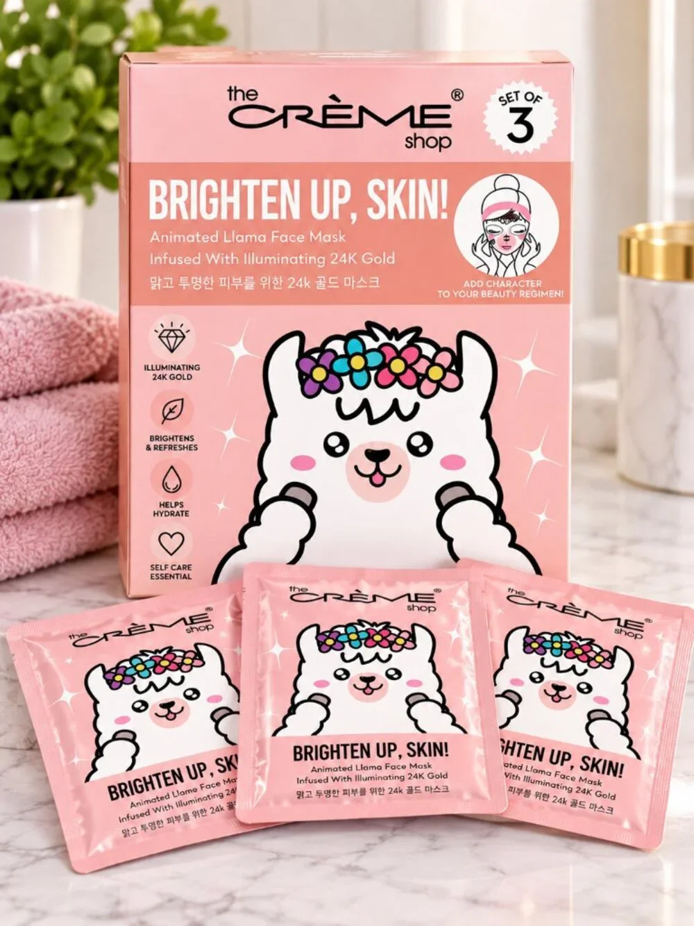 The Crème Shop Brighten Up Skin Llama Face Mask 24K Gold Set of 3 NWT